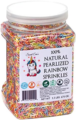 Sweet Eva’s 100percent NATURAL PEARLIZED RAINBOW SPRINKLES-Dairy Free,Nut,Gluten Free,Soy Free,Egg Free,Vegan,Kosher,Cake Decorating Jimmies,Cupcakes,Cookies,Cakes Topper,Bulk Candy,Large 1.5 LBS Sweet Eva’s