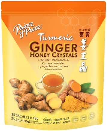 Prince of Peace Instant Ginger Honey Crystals w/ Turmeric, 25 Sachets – Instant Hot or Cold Beverage – Easy to Brew Ginger and Honey Tea, Caffeine and Gluten Free Prince of Peace