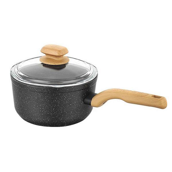 Korkmaz Montana 2 Piece 2 Liter Aluminum Nonstick Saucepan with Lid and Faux Wood Handles Korkmaz