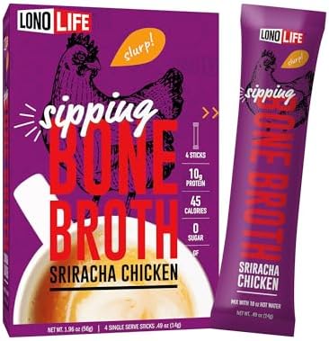 LonoLife Sriracha Chicken Bone Broth Powder Mix | 10g Protein | Collagen-Rich, Keto & Paleo Friendly | Natural Ingredients | 4 Portable Stick Pack Servings Lonolife