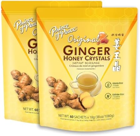 Prince of Peace Instant Ginger Honey Crystals, 60 Sachets Twin Packs – Instant Hot or Cold Beverage that Soothes Throat – Easy to Brew – Drink Like a Tea – Gluten Free – Real Ginger Prince of Peace