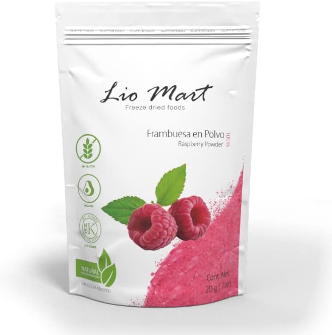 LioMart Dry fruit Powder- Freeze dried Raspberry. Delicious, Natural, and Healthy Fruit with no added sugar. Perfect dried fruit for backing, smotthies, topping and more. 10 Pack box with .705oz each.… Liomart