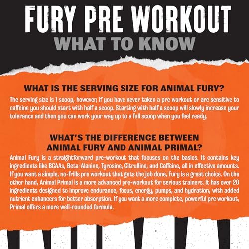 Animal Fury - Предтренировочный порошок с 5 г BCAA, 350 мг кофеина для энергии и концентрации, 30 порций Animal