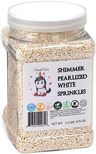 SHIMMER PEARLIZED WHITE SPRINKLES-Dairy Free,Gluten Free,Egg Free,Vegan,Soy Free,Nuts Free,Kosher,Large,Bulk Candy,Cupcake,Cookies And Cake Topper,Jimmies,Baking,Decorating Sweet Eva’s