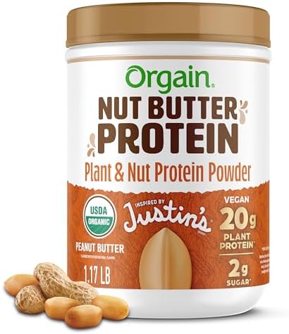 Orgain X Justin's ® Organic Vegan Nut Butter Protein Powder, Chocolate Peanut Butter- 20g Plant Protein, 1g Sugar, Gluten Free, No Dairy, Soy Ingredients, or Artificial Flavors, 1.17 lb Orgain