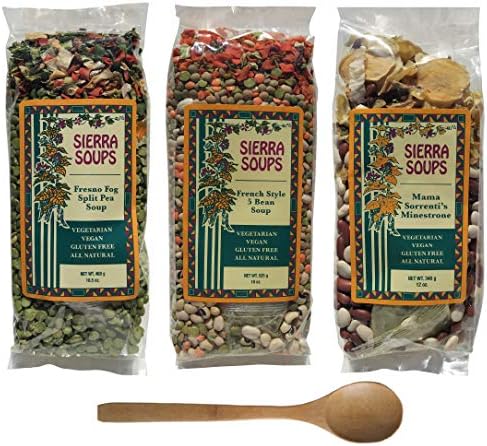 Sierra Soups Healthy, Hearty, All Natural and Gluten Free Soups - 3 Pack Assortment: Fresno Fog Split Pea, French Style 5 Bean & Mama Sorrenti’s Minestrone. Includes Soup Spoon Sierra Soups