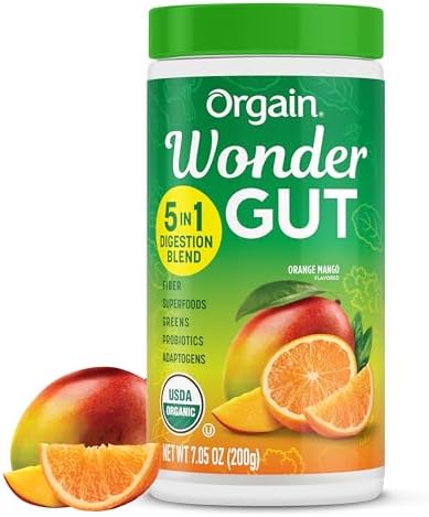 Orgain Organic Wonder Gut Fiber Supplement Powder, 5 in 1 Blend with 1 Billion Probiotics, Greens, Vitamin C, Adaptogens for Gut Health and Immune Support, Non-GMO, Orange Mango, 7.05 oz Orgain