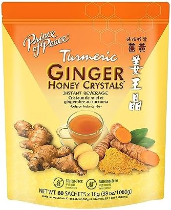 Prince of Peace Instant Ginger Honey Crystals with Turmeric, Value Pack 60 Sachets – Instant Hot or Cold Beverage Easy to Brew – Caffeine and Gluten Free – Real Ginger 38oz (1080g) Prince of Peace