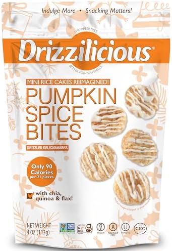 Drizzilicious Mini Rice Cakes - Rice Crisps, Healthy Snack for Adults and Kids, Flavored Rice Cakes, Vegan, Gluten Free, Only 90 Calories Per Serving - Pumpkin Spice, 4 oz (Pack of 2) Drizzilicious