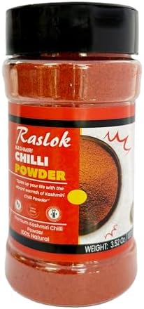 Raslok Pure Kashmiri Chilli Powder - 3.52oz (Deggi Mirch, Low Heat) | Shaker Top PET Jar | Authentic Indian Spice | All Natural | Salt-Free | Indian Origin | Raslok