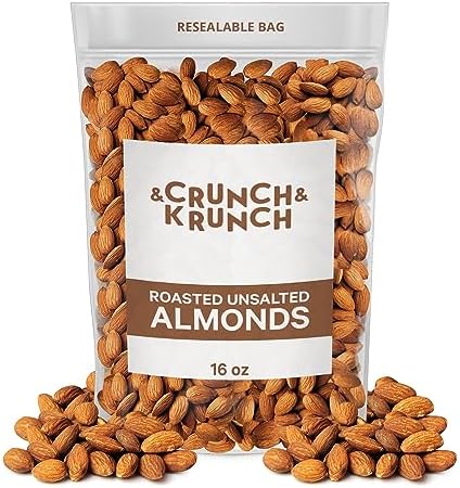 Roasted Almonds Unsalted - Fresh and Delicious Guilt Free Healthy Keto Snack Whole Unsalted Nuts Steam Pasteurized Packed in Resealable Bag, Low Calories, Vegan, Gluten-Free, 1lb Crunch & Krunch