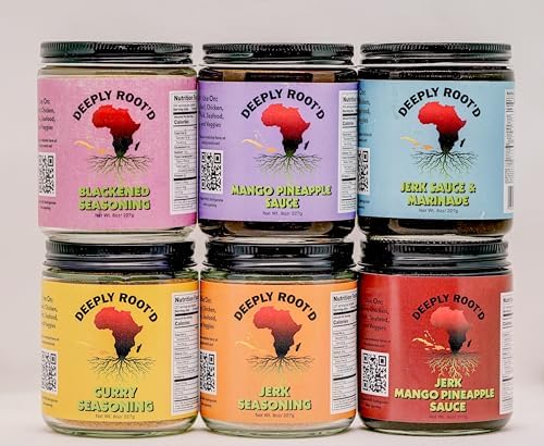 Deeply Root'd Seasonings and Sauces-Six Pack Bundle Includes Blackened Seasoning 8oz, Mango Pineapple Sauce 8oz, Jerk Sauce & Marinade 8oz, Curry Seasoning 8oz, Jerk Seasoning 8oz, Mango Pineapple Sauce 22oz Generic