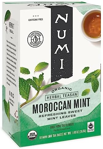 Numi Organic Moroccan Mint Tea, 18 Tea Bags, Refreshing Nana Mint, Caffeine Free Herbal Tea Numi