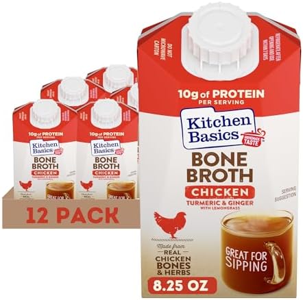 Kitchen Basics Turmeric & Ginger With Lemongrass Chicken Bone Broth, 8.25 oz (Pack of 12) | No Artificial Flavors, Gluten Free, Keto Friendly, Great for Sipping, Resealable Cap | Kitchen Basics