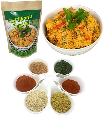 Chef Lilian's Egusi Kit- Nigerian West African Food Kit with Ground Melon Seeds (Egusi), Dehydrated Spinach, Seasoning, Hot Chili Powder, Soup Mix 4 Servings (Pack of 1) NAIJA BUKA