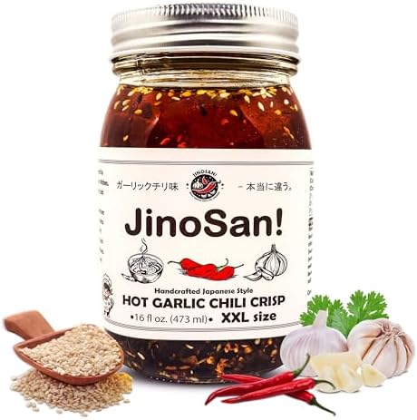 JinoSan! Handcrafted Chili Crisp, XXL Size (16 lf oz) Hot Garlic Japanese Style Chunky Chili Oil Condiment, , MADE IN USA. Chilli Crunch Made with Sichuan Chili, Garlic, Shallots, Mushroom Powder, Bonito, Soy Sauce, Star Anice, Sesame Oil. JinoSan!