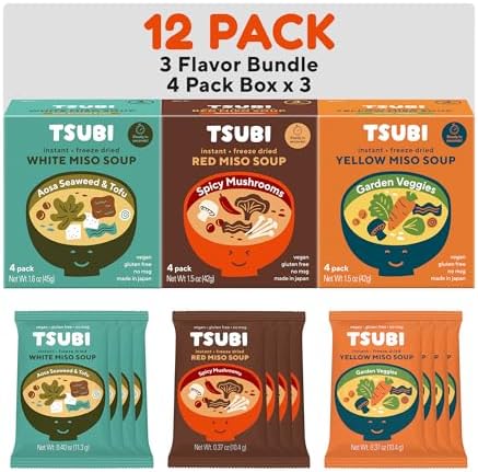 Tsubi Soup Freeze-Dried Japanese Miso Soup Packets - Instant, Vegan, Easy Mix, Gluten & MSG-Free, and Flavorful - Ready in Seconds - Authentic Taste of Japan - Best Trio Flavor - 12 Packs Tsubi Soup