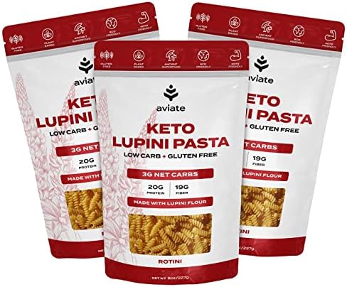 Aviate Keto Pasta Rotini - Low Carb (3g Net) Lupini Noodles, High Protein (20g), Gluten-Free, Made with Lupin Flour, Plant Based Vegan, Keto-friendly, Low Carb - Rotini (8oz) (Pack of 3) Aviate