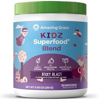 Amazing Grass Kidz Superfood: Organic Greens, Fruits, Veggies, Beet Root Powder & Probiotics for Healthy Kids, Berry Blast, 30 Servings Amazing Grass