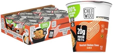 CHEF WOO Roasted Chicken Ramen Cup High Protein Noodles (12 PACK), 20g of Animal-free, Bioavailable Protein | Made in U.S. | CHEF WOO