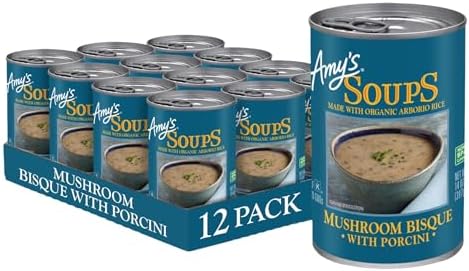 Amy's Soup, Mushroom Bisque Soup With Porcini, Gluten Free Organic Blend of Mushrooms, Rice, Vegetables and Cream, Canned Soup, 14 Oz (12 Pack) Amy's