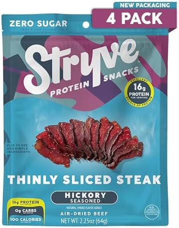 Stryve - Better Than Jerky Steak Snacks Protein Rich, Beef Biltong | 36g Protein, Sugar Free, Carbs Free, Gluten Free, Dairy Free, Keto & Paleo Friendly | Hickory, Pack Of 4 Stryve