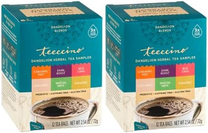 Teeccino Dandelion Tea Sampler - Caramel, Coconut, Dark Roast, Mocha Mint, Red Chai, Turmeric - Prebiotic Coffee Substitute | Caffeine Free | Gluten Free | Coffee Alternative, 12 Tea Bags (Pack of 2) Teeccino