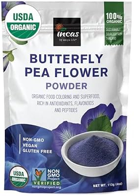 INCAS 100% USDA Organic Butterfly Pea Flower Powder (4 Ounce) | Organic Blue Matcha Tea | Non-GMO Verified Extract from Thailand | Organic Blue Food Coloring | Adaptogenic Raw Culinary | Vegan Incas by Asiya Life