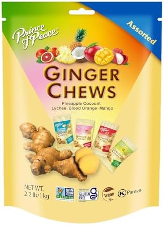 Prince of Peace Ginger Chews Assorted Flavors (Mango, Blood Orange, Pineapple Coconut, Lychee) Candied Ginger – Candy Pack – Ginger Chews Candy - Gluten Free Individually Wrapped Healthy Candy 2.2Lb/1kg Prince of Peace