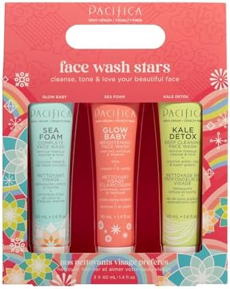 Pacifica Face Wash Set - Preppy Skincare Gift Set Value Kit for Holidays | Brightens, Tones and Deep Cleans |Glow Baby, Kale Detox and Sea Foam | 3 Pack Pacifica