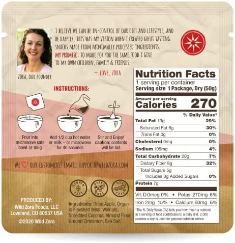 Wild Zora Instant Grain-Free Hot Cereal - Tasty Paleo Friendly Cereals, Instant Hot Meal, Breakfast to Go, Oatmeal Substitute, No Added Sugar, Grain, Dairy, or Soy, Gluten Free, Apple Pie, 5-pack Wild Zora