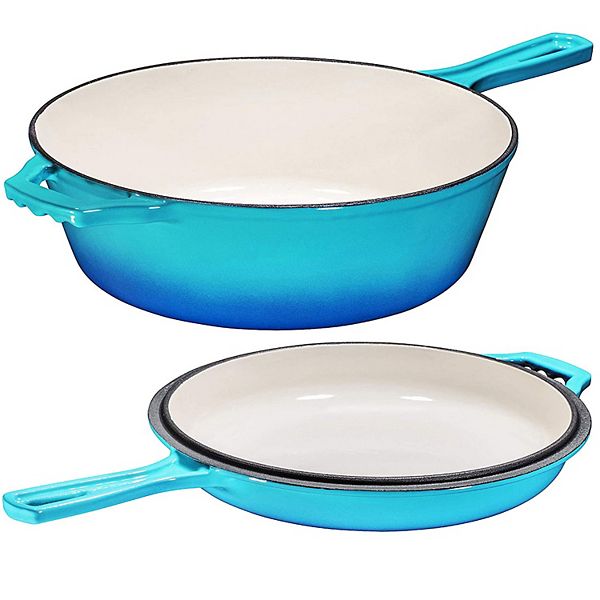 2-in-1, 3 Quart Enamel Cast Iron Dutch Oven With Handle, 3 Qt Caribbean Cast Bruntmor