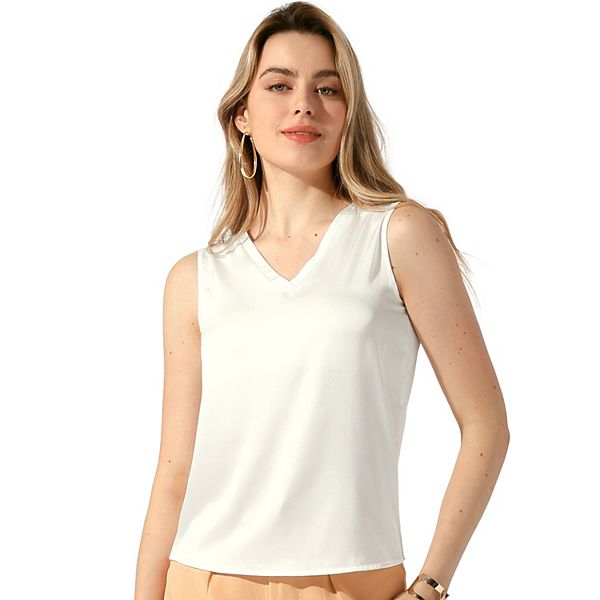 Casual Sleeveless Top For Women's Work Business V Neck Satin Blouse Allegra K