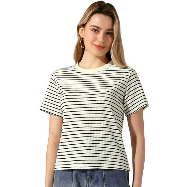 Women's Casual Striped Crew Neck Textured Short Sleeve T-shirts Tops Allegra K