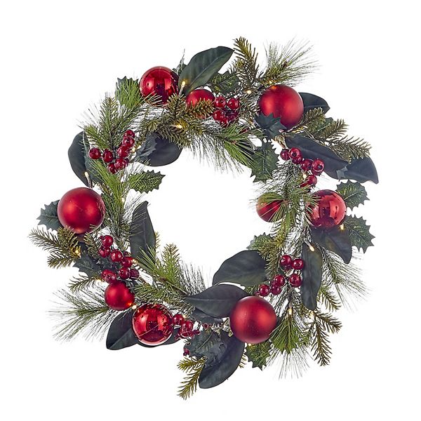 Kurt Adler 22-Inch Battery-Operated Red Berries and Balls LED Wreath Kurt Adler