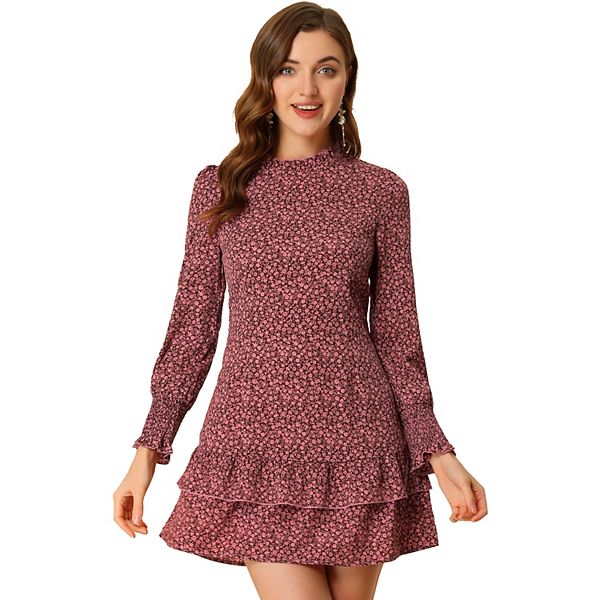 Women's Ruffled Crew Neck Vintage Smocked Cuff Floral Layered Mini Dress Allegra K