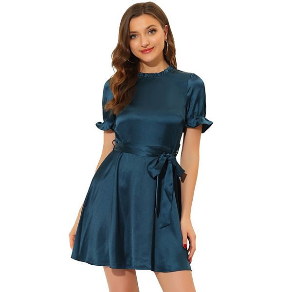 Women's Summer Satin Dress Short Sleeve Tie Waist Business Casual Dresses Allegra K