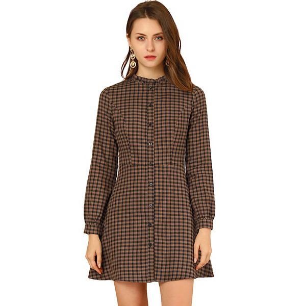 Women's Vintage Check Ruffle Neck Button Down Long Sleeve A-Line Dress Allegra K