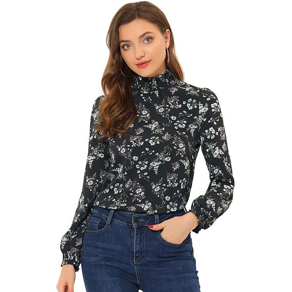 Mock Neck Floral Shirt for Women's Work Office Button Back Chiffon Blouse Allegra K