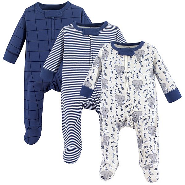 Touched by Nature Baby Boy Organic Cotton Zipper Sleep and Play 3pk, Elephant Touched by Nature