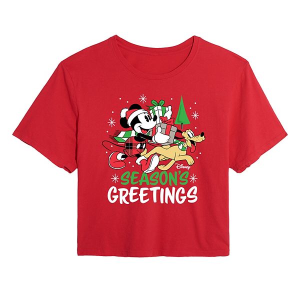 Disney's Mickey Mouse & Pluto Juniors' Seasons Greetings Cropped Tee Disney