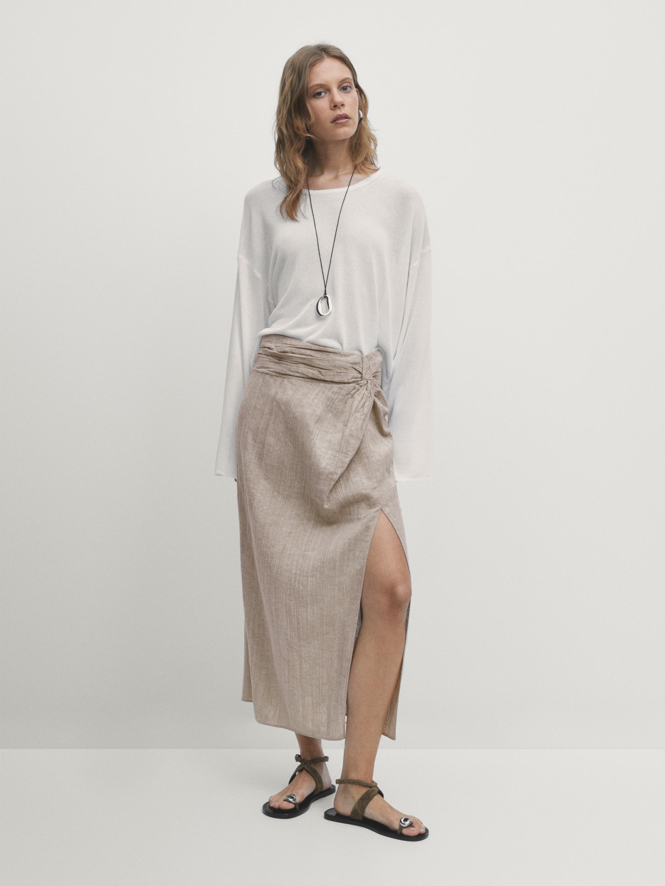 Linen blend midi skirt with slit detail Massimo Dutti