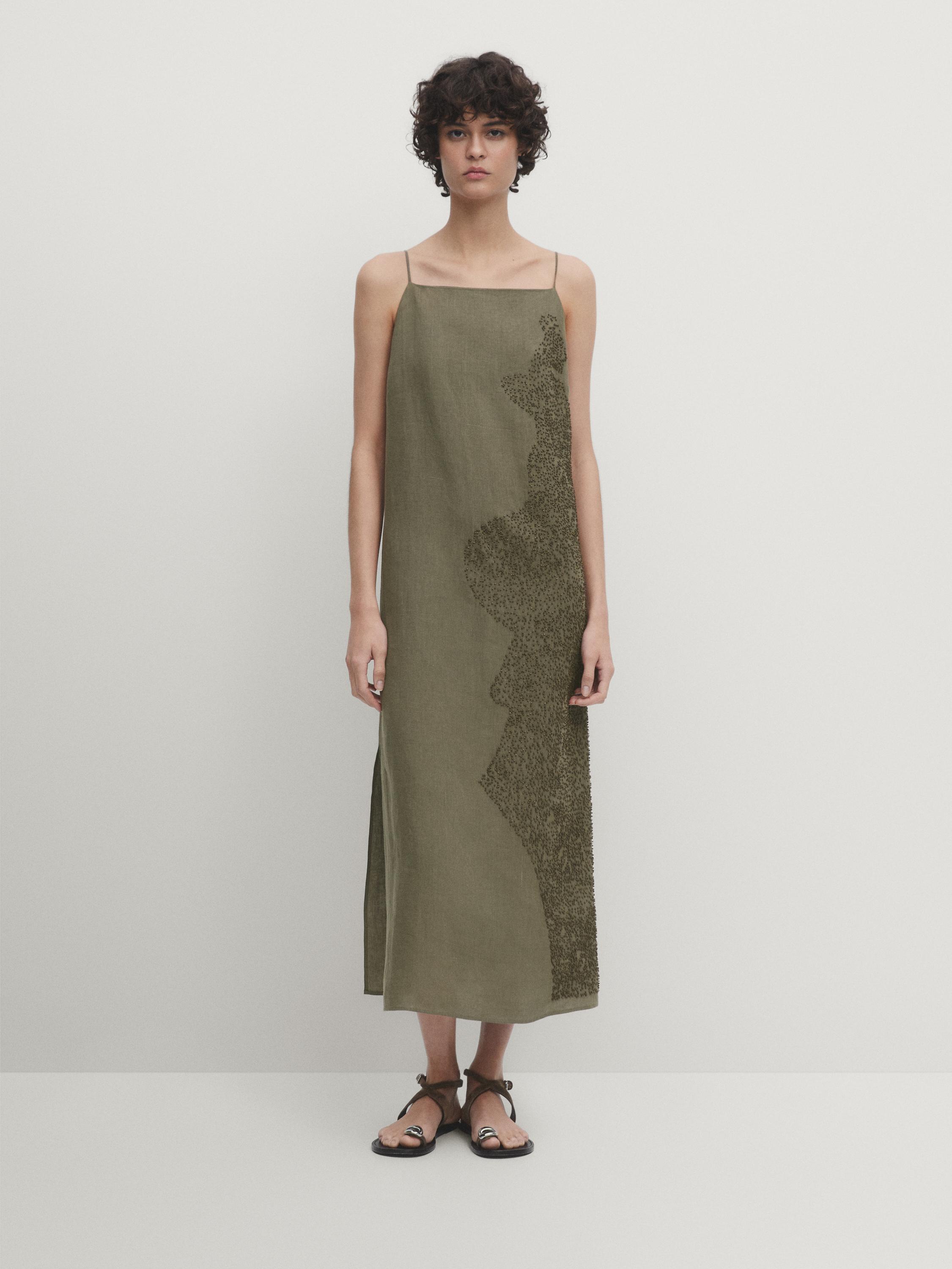 Linen blend midi dress with embroidery detail Massimo Dutti