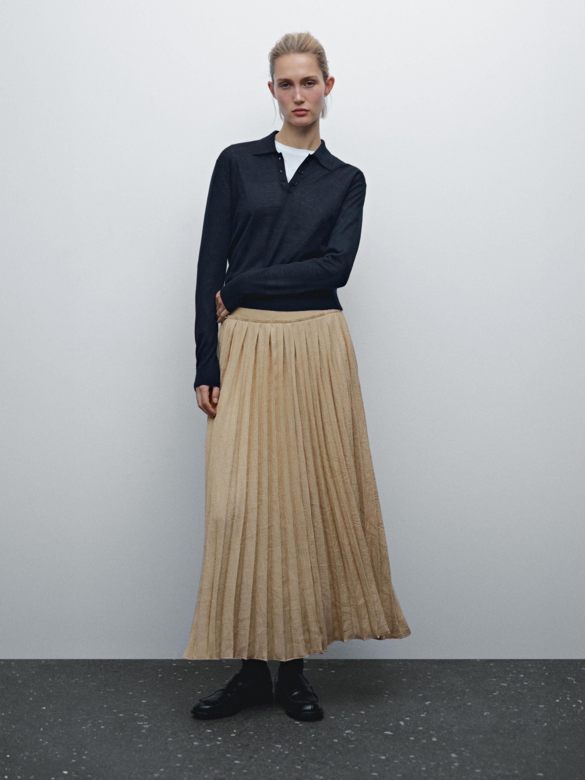 Pleated midi skirt with fabric detail Massimo Dutti