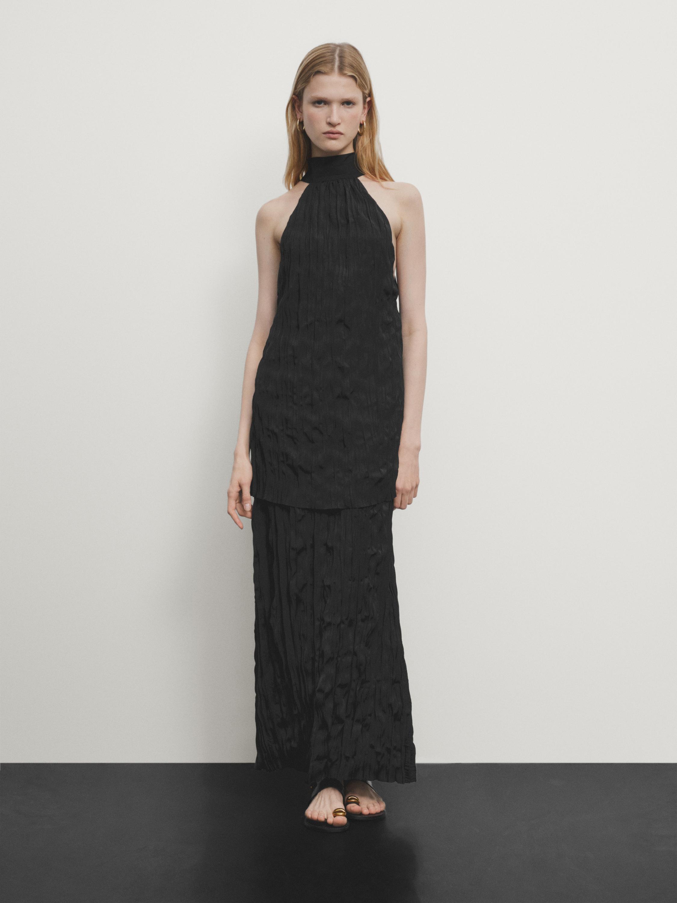 Long pleated halterneck dress Massimo Dutti