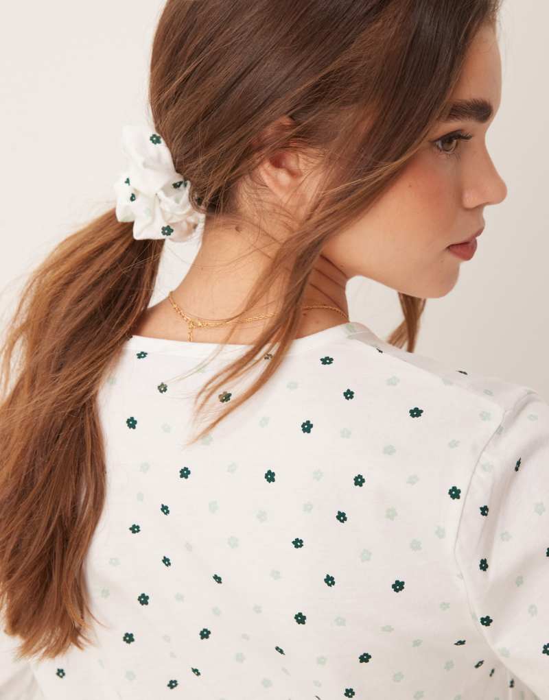 ASOS DESIGN mix & match long sleeve henley pajama top in green floral with scrunchie Asos Design