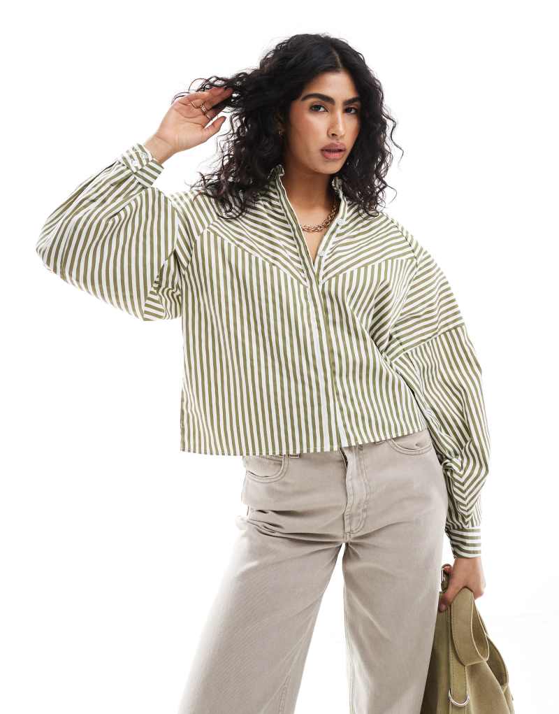 ASOS DESIGN spliced volume shirt in olive & white stripe Asos Design