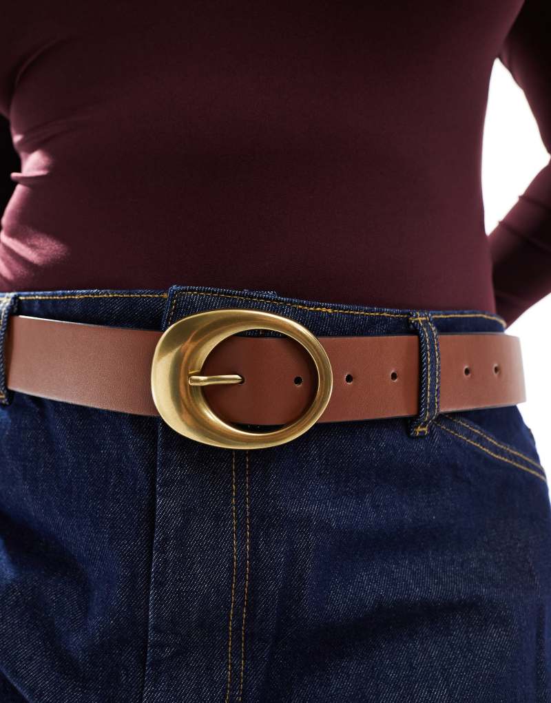 ASOS DESIGN CURVE oval buckle jeans belt in tan ASOS Curve