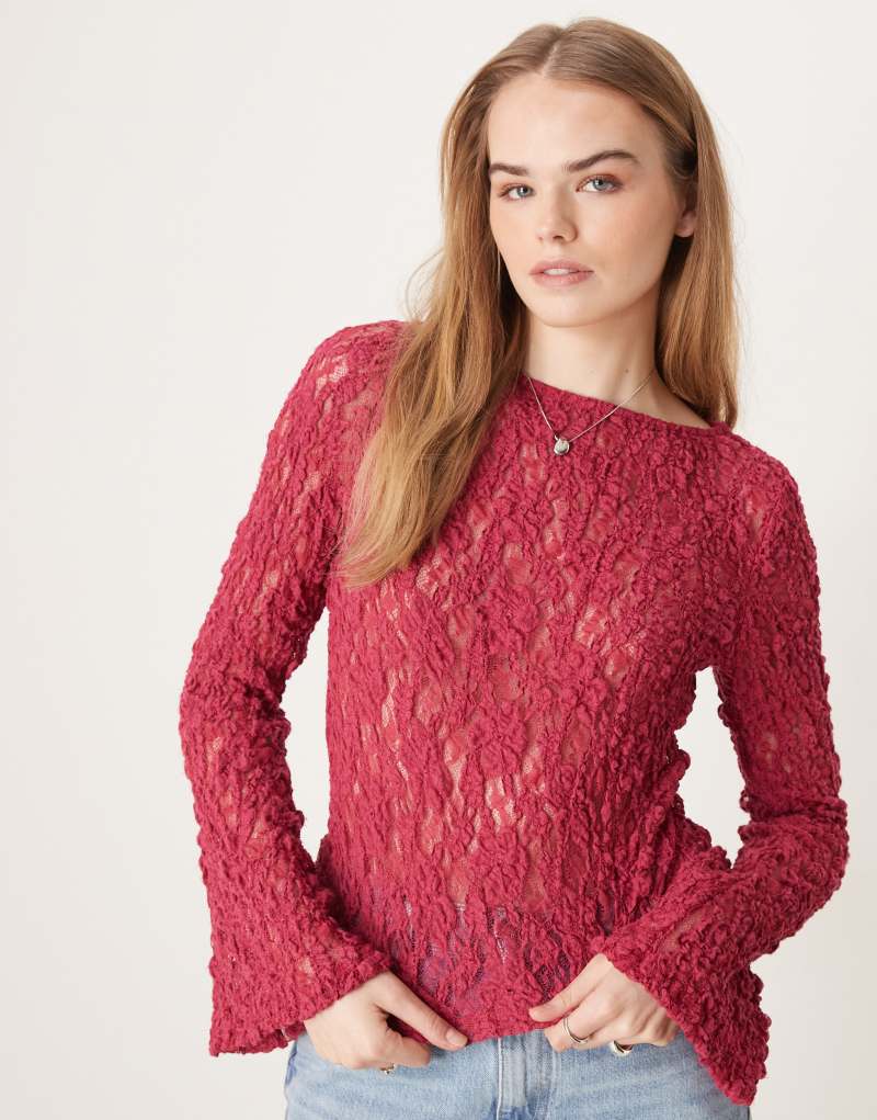 ASOS DESIGN slash neck sheer lace angel sleeve top in raspberry Asos Design