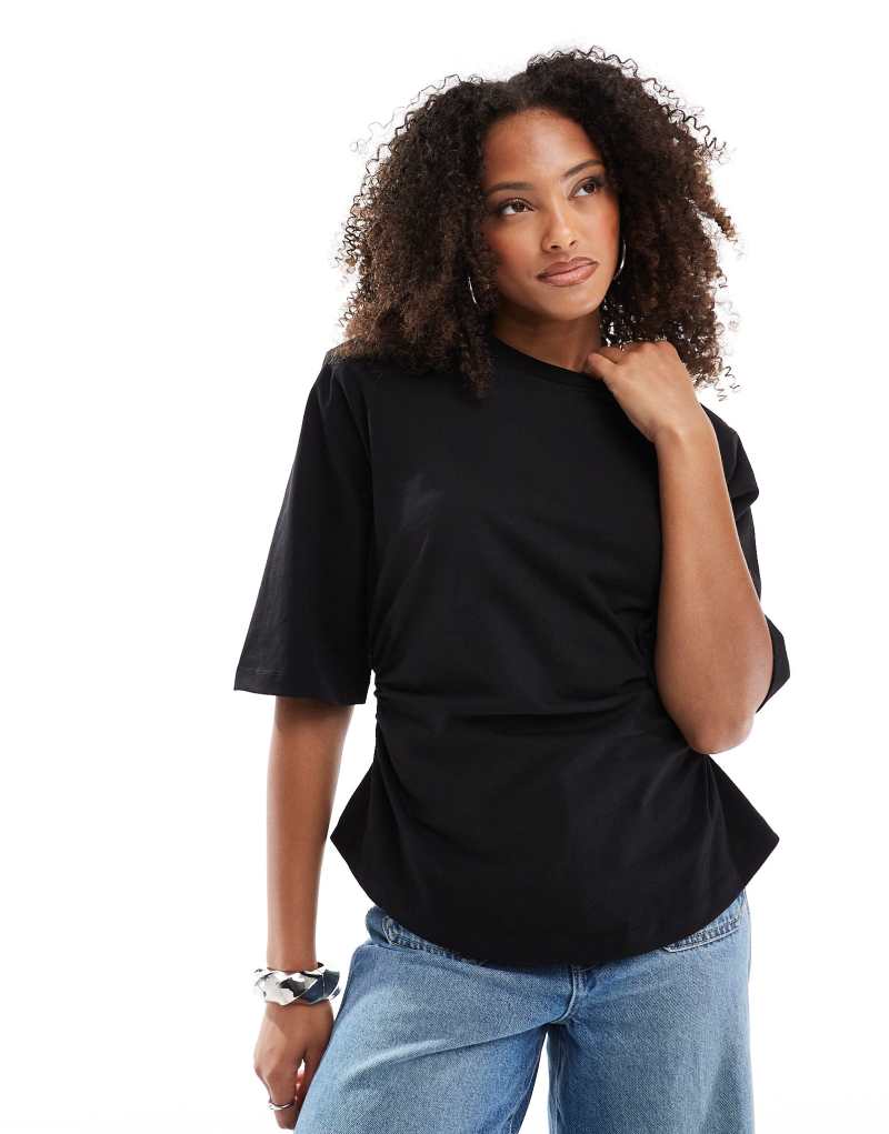 ASOS DESIGN shoulder pad cinch waist T-shirt in black Asos Design